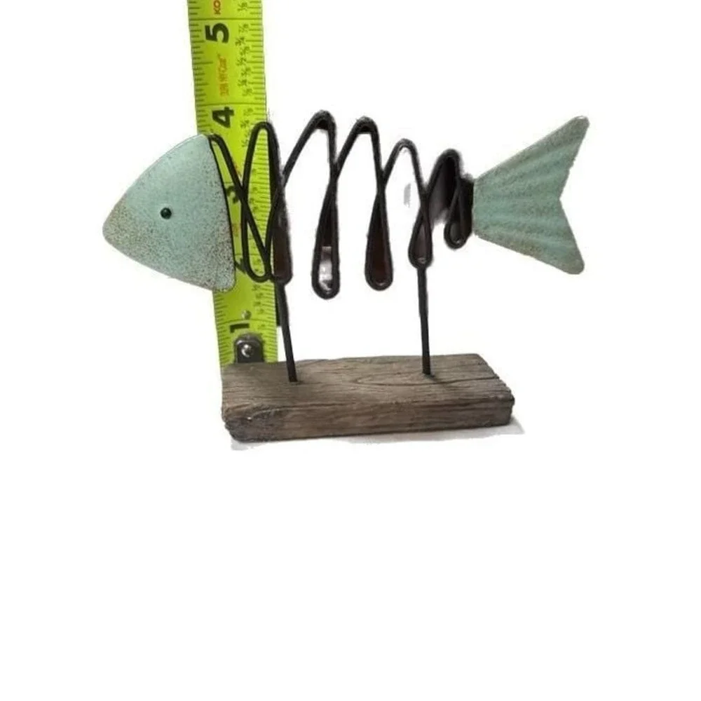 Distressed Coastal Nautical Teal Fish Metal with Wood Base Statue Sculpture